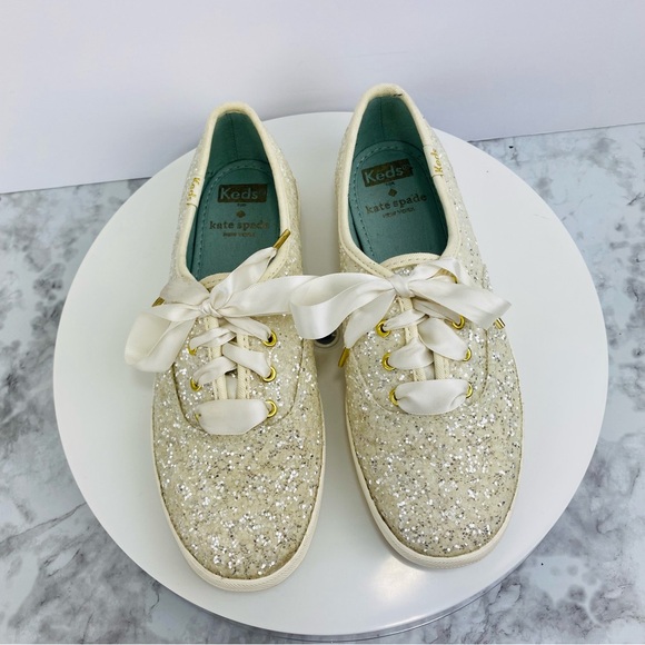 Kate Spade Keds Sneakers Womens 5.5 White Cream Satin Lace Glitter Dipped Bridal - Picture 3 of 8